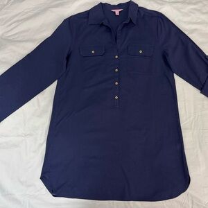 EUC Lilly Pulitzer Navy Shirt Popover Dress Roll Tab Sleeves Chest Pockets Sz M